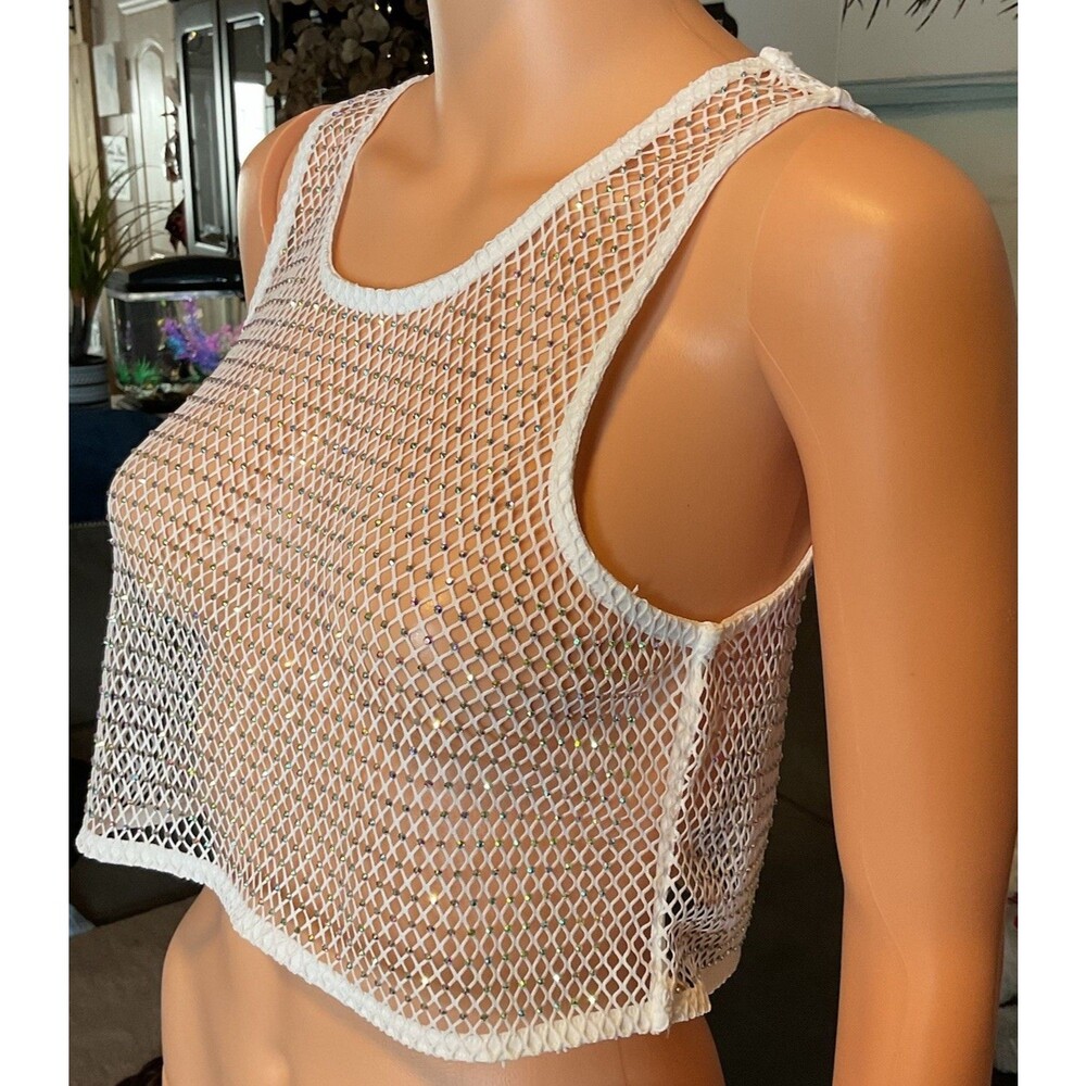 NEW Windsor Mesh White Rhinestone Crop Top S Msrp $39 Rave Nightclub Festival